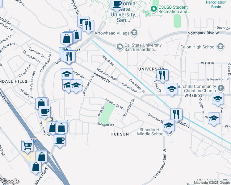 map of restaurants, bars, coffee shops, grocery stores, and more near 1537 Sheridan Road in San Bernardino