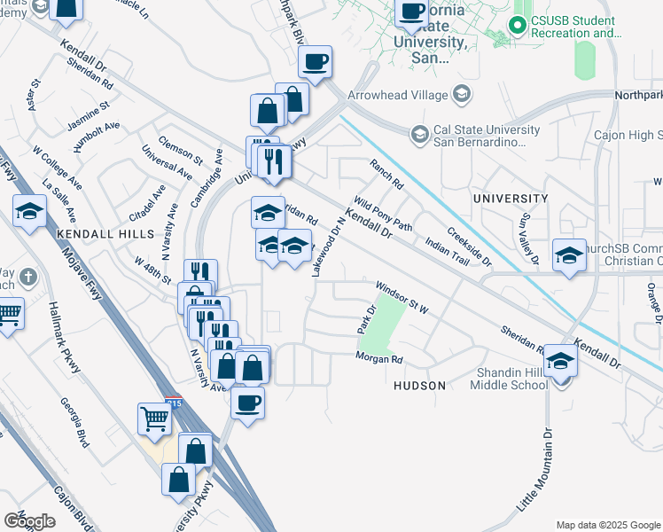 map of restaurants, bars, coffee shops, grocery stores, and more near 1589 Windsor Street West in San Bernardino
