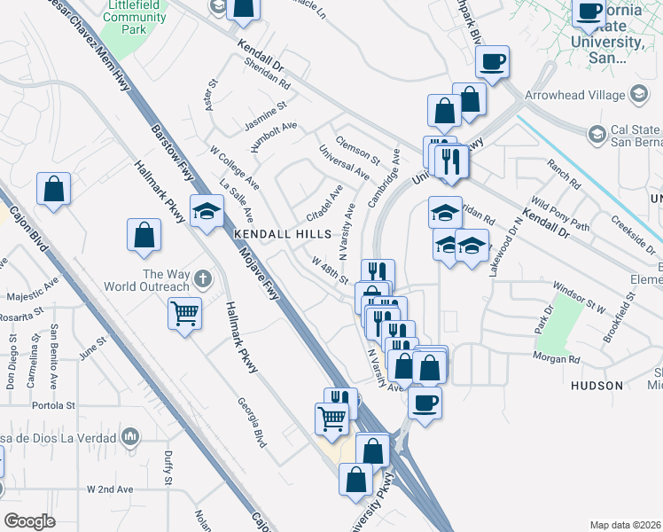 map of restaurants, bars, coffee shops, grocery stores, and more near 2101 West 48th Street in San Bernardino