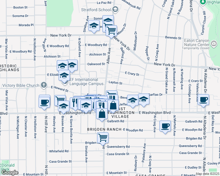 map of restaurants, bars, coffee shops, grocery stores, and more near 1495 Bellford Avenue in Pasadena