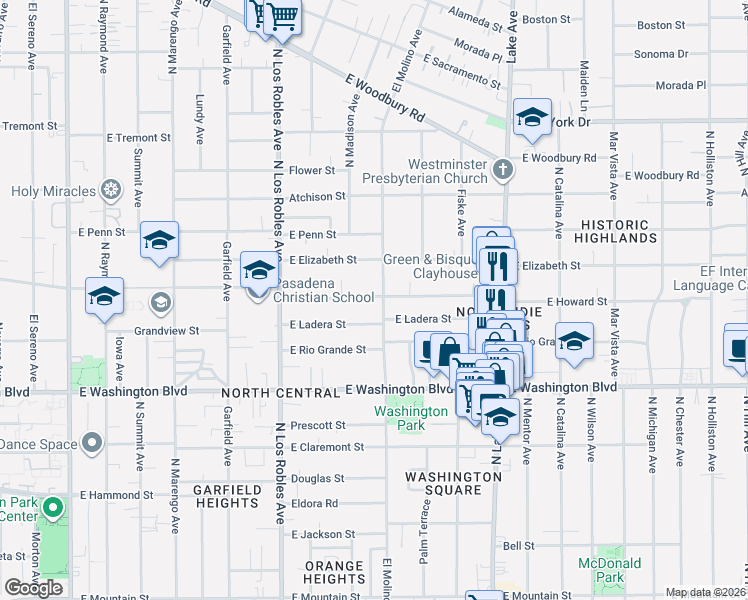 map of restaurants, bars, coffee shops, grocery stores, and more near 657 East Ladera Street in Pasadena