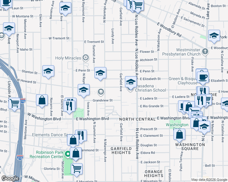 map of restaurants, bars, coffee shops, grocery stores, and more near 293 Grandview Street in Pasadena