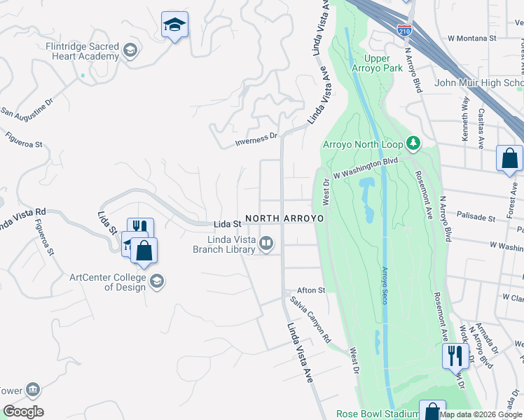 map of restaurants, bars, coffee shops, grocery stores, and more near in Pasadena