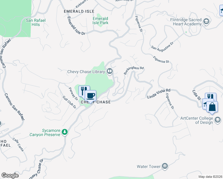 map of restaurants, bars, coffee shops, grocery stores, and more near 3130 Charing Cross Road in Glendale