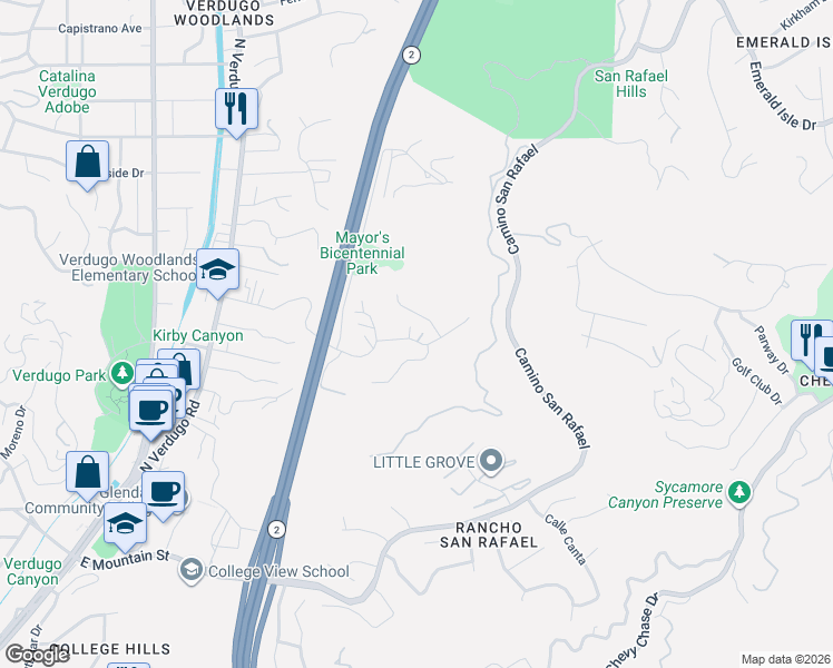 map of restaurants, bars, coffee shops, grocery stores, and more near 1647 Virden Drive in Glendale