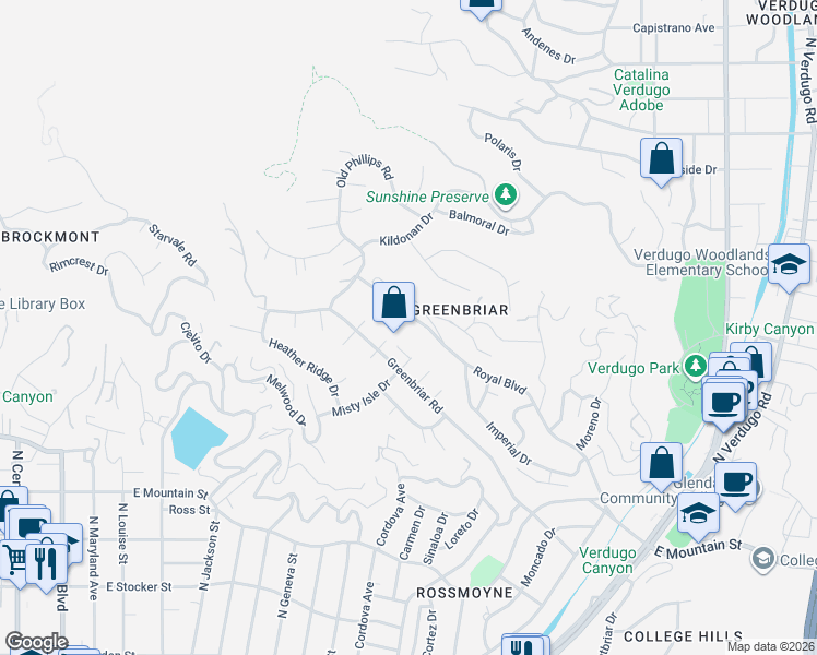 map of restaurants, bars, coffee shops, grocery stores, and more near 933 Misty Isle Drive in Glendale