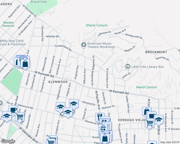 map of restaurants, bars, coffee shops, grocery stores, and more near 1549 Ridgeway Drive in Glendale