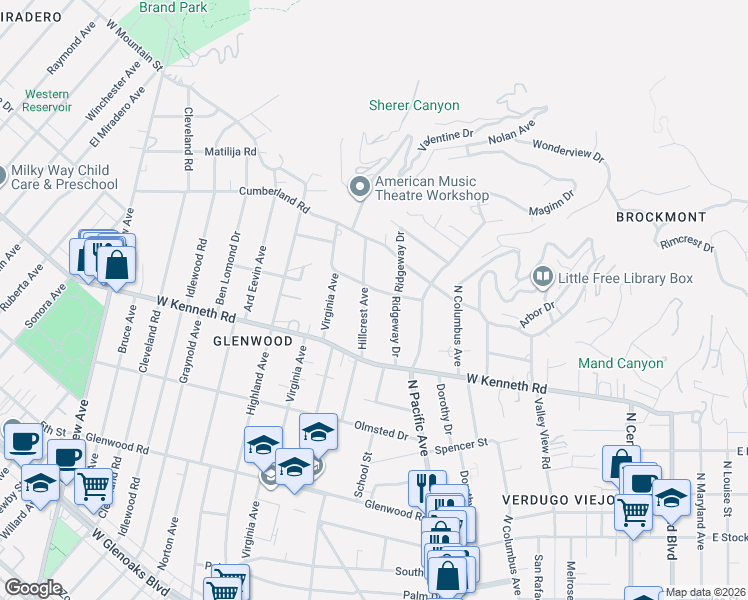 map of restaurants, bars, coffee shops, grocery stores, and more near 1549 Ridgeway Drive in Glendale