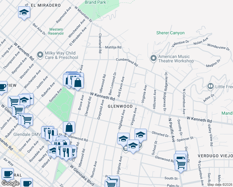 map of restaurants, bars, coffee shops, grocery stores, and more near 831 West Kenneth Road in Glendale