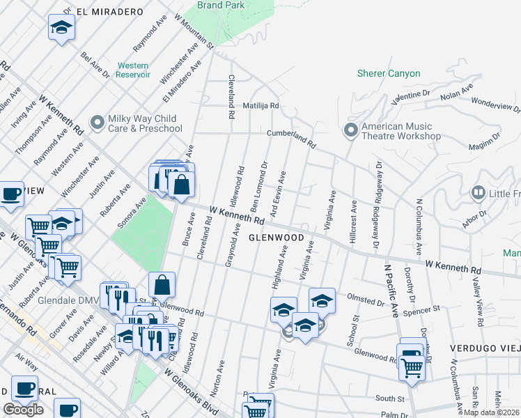 map of restaurants, bars, coffee shops, grocery stores, and more near 831 West Kenneth Road in Glendale