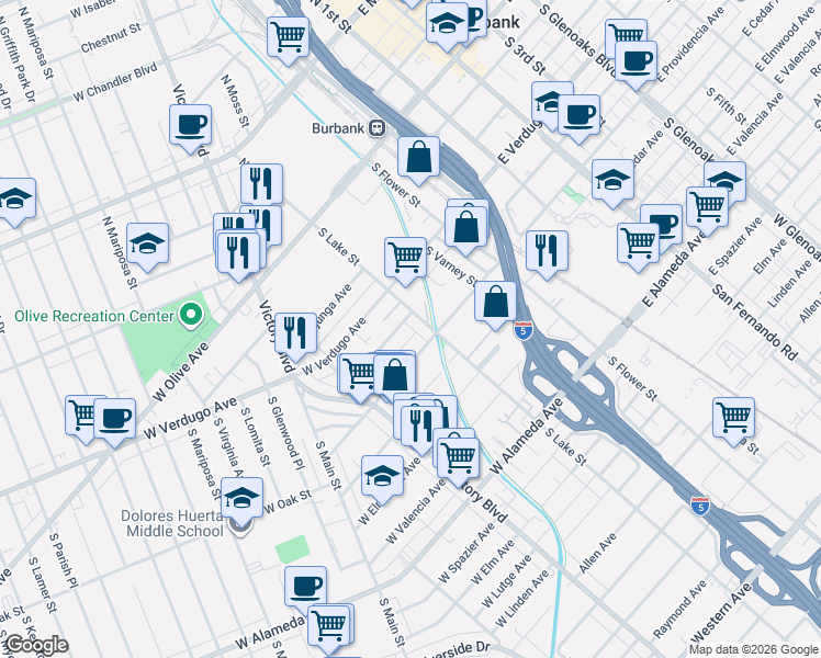 map of restaurants, bars, coffee shops, grocery stores, and more near 232 West Santa Anita Avenue in Burbank