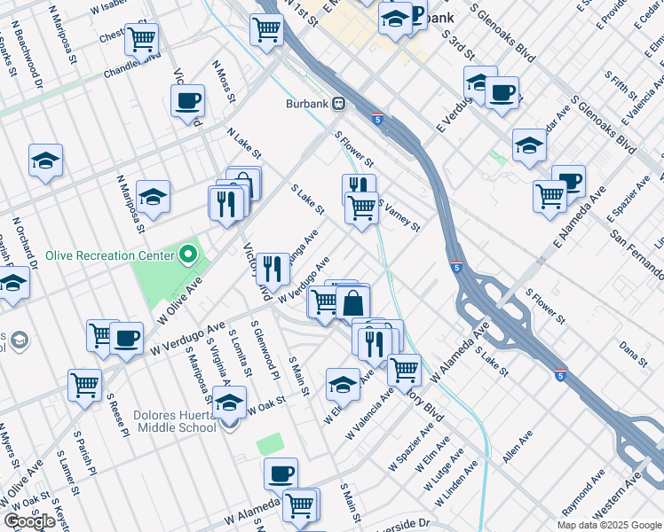 map of restaurants, bars, coffee shops, grocery stores, and more near 250 West Verdugo Avenue in Burbank