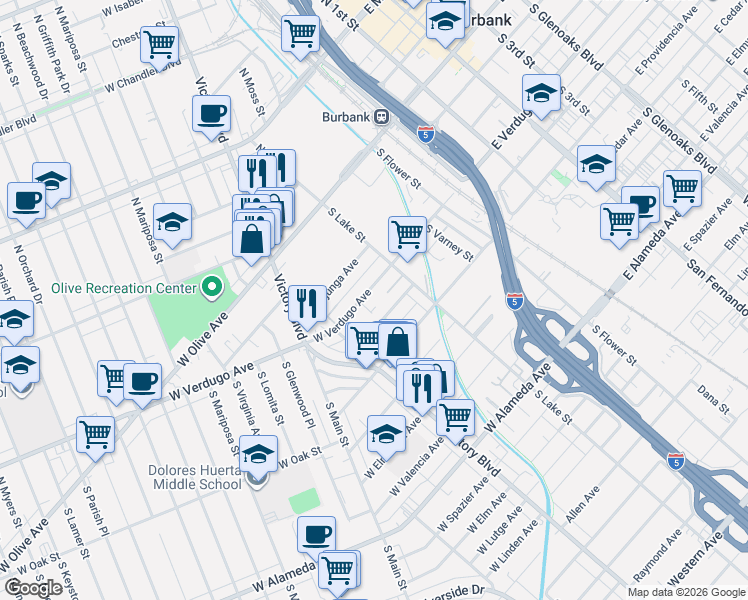 map of restaurants, bars, coffee shops, grocery stores, and more near 240 West Verdugo Avenue in Burbank