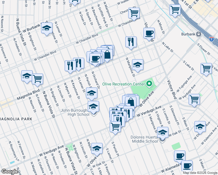 map of restaurants, bars, coffee shops, grocery stores, and more near 1611 West Clark Avenue in Burbank