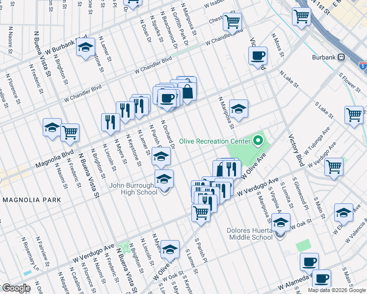 map of restaurants, bars, coffee shops, grocery stores, and more near 414 North Orchard Drive in Burbank