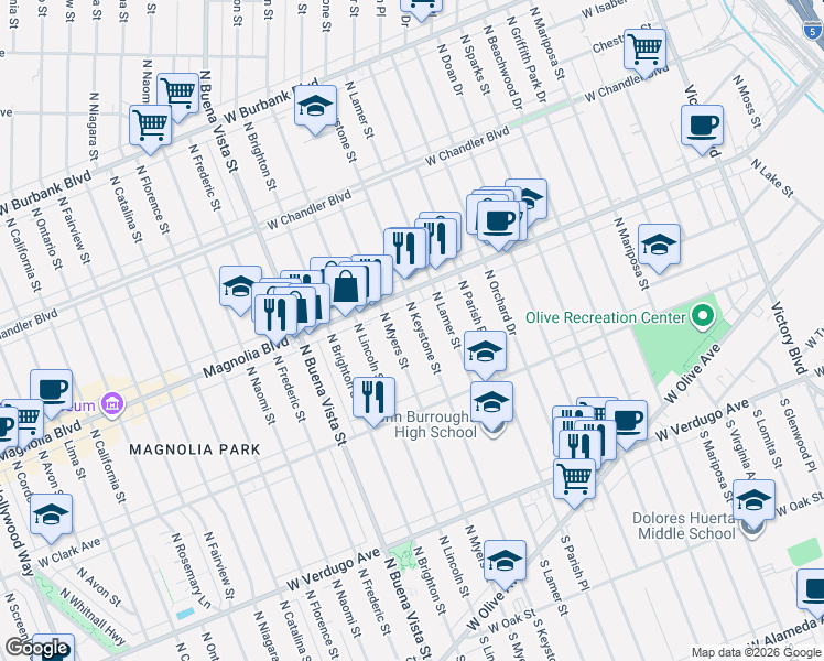map of restaurants, bars, coffee shops, grocery stores, and more near 600 North Myers Street in Burbank