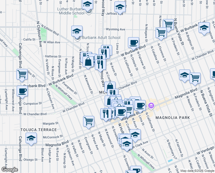 map of restaurants, bars, coffee shops, grocery stores, and more near in Burbank