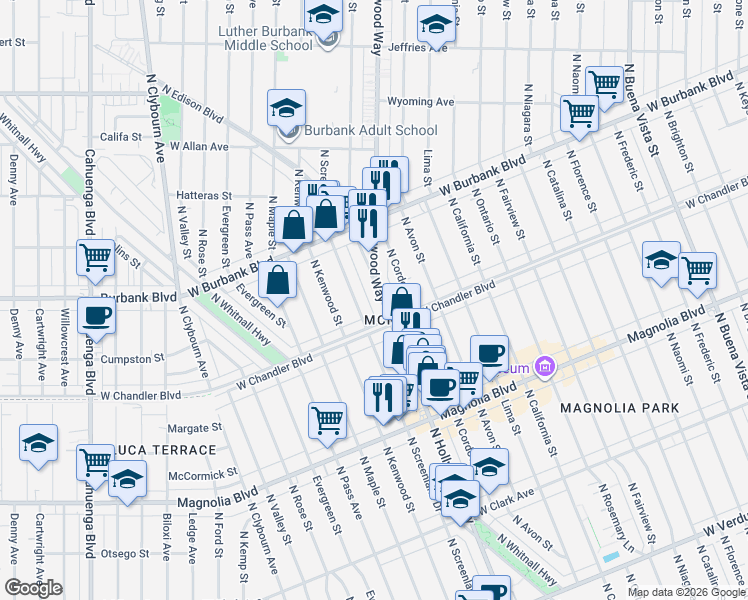 map of restaurants, bars, coffee shops, grocery stores, and more near 1211 North Screenland Drive in Burbank