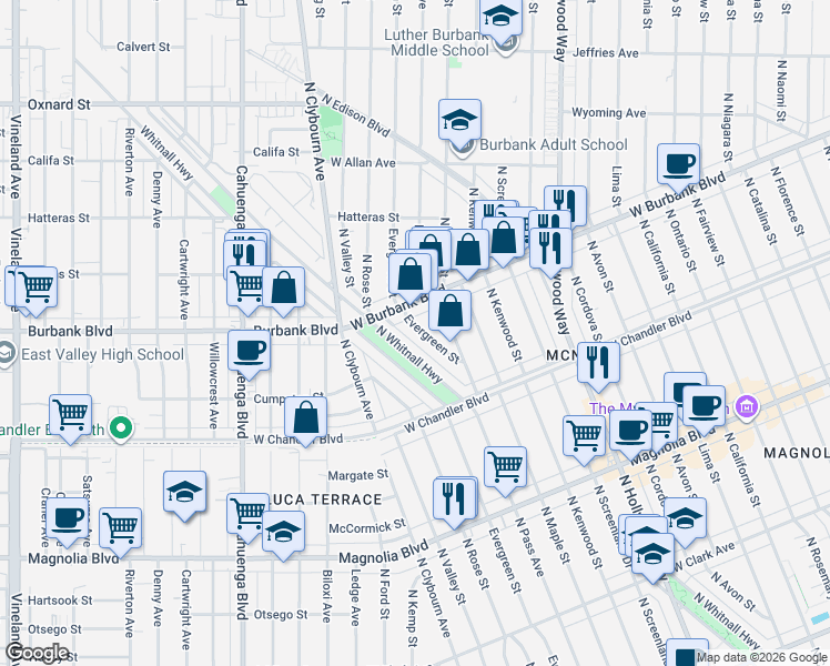 map of restaurants, bars, coffee shops, grocery stores, and more near 1300 North Whitnall Highway in Burbank