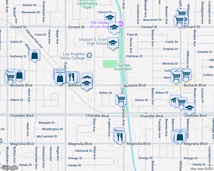 map of restaurants, bars, coffee shops, grocery stores, and more near 13001 Killion Street in Los Angeles