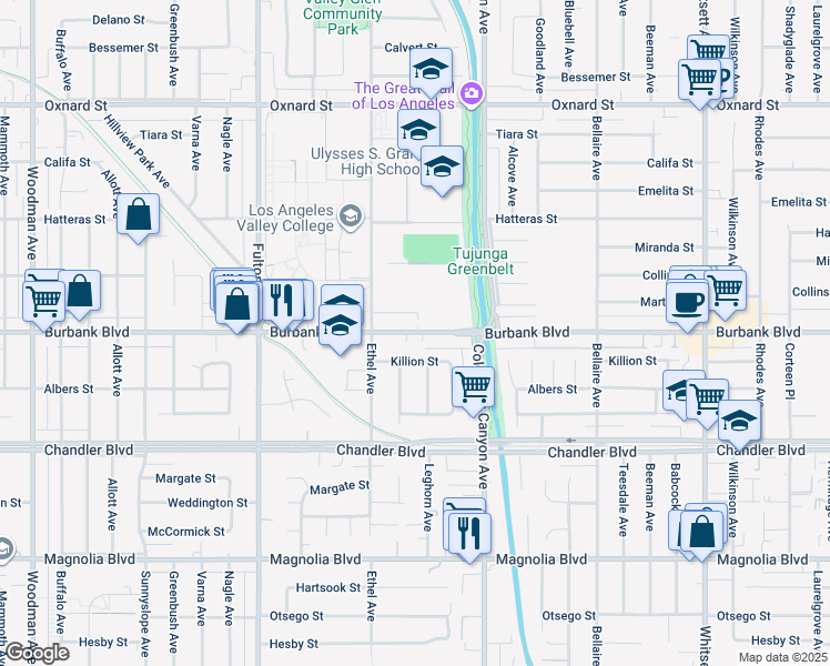 map of restaurants, bars, coffee shops, grocery stores, and more near 13001 Killion Street in Los Angeles