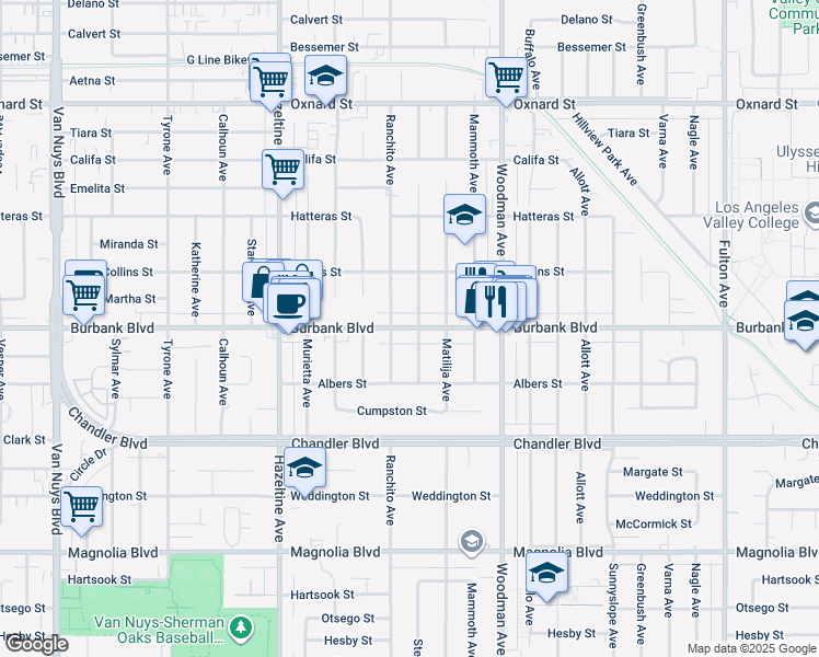 map of restaurants, bars, coffee shops, grocery stores, and more near 5538 Ranchito Avenue in Los Angeles