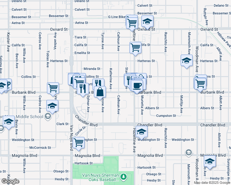 map of restaurants, bars, coffee shops, grocery stores, and more near 5496 Katherine Avenue in Los Angeles