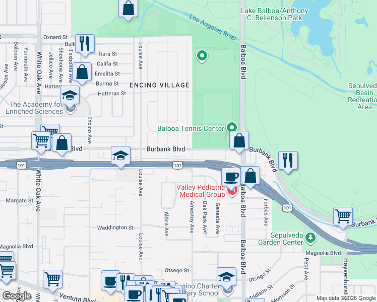 map of restaurants, bars, coffee shops, grocery stores, and more near 17106 Burbank Boulevard in Los Angeles