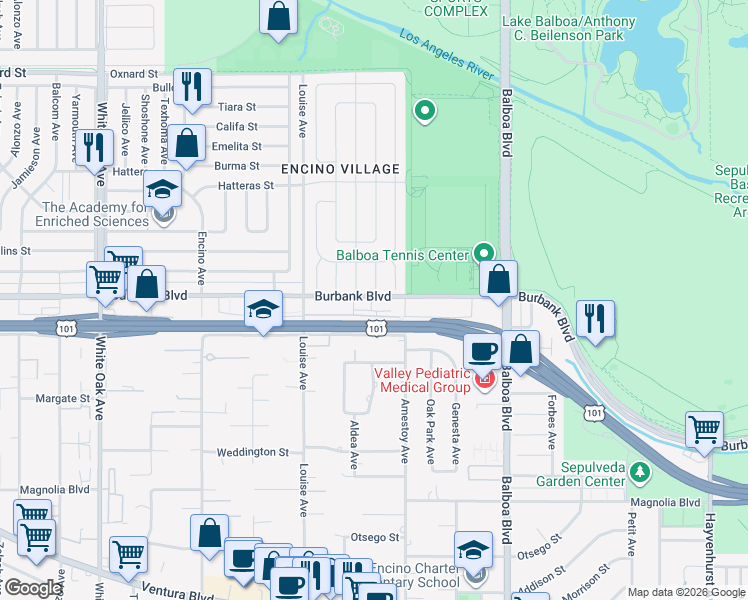 map of restaurants, bars, coffee shops, grocery stores, and more near 17166 Burbank Boulevard in Los Angeles