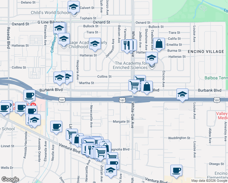 map of restaurants, bars, coffee shops, grocery stores, and more near 5547 Yarmouth Avenue in Los Angeles