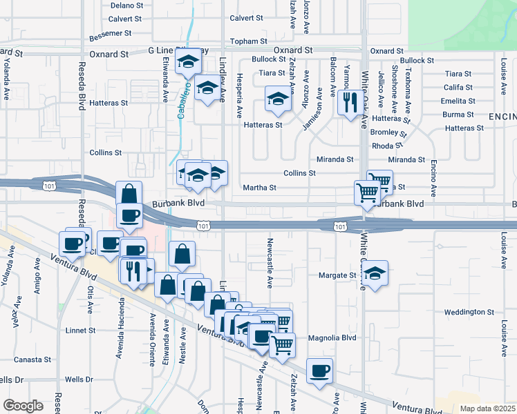 map of restaurants, bars, coffee shops, grocery stores, and more near 5541 Newcastle Avenue in Los Angeles