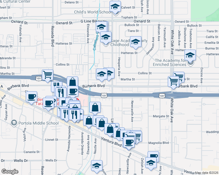 map of restaurants, bars, coffee shops, grocery stores, and more near 5546 Lindley Avenue in Los Angeles