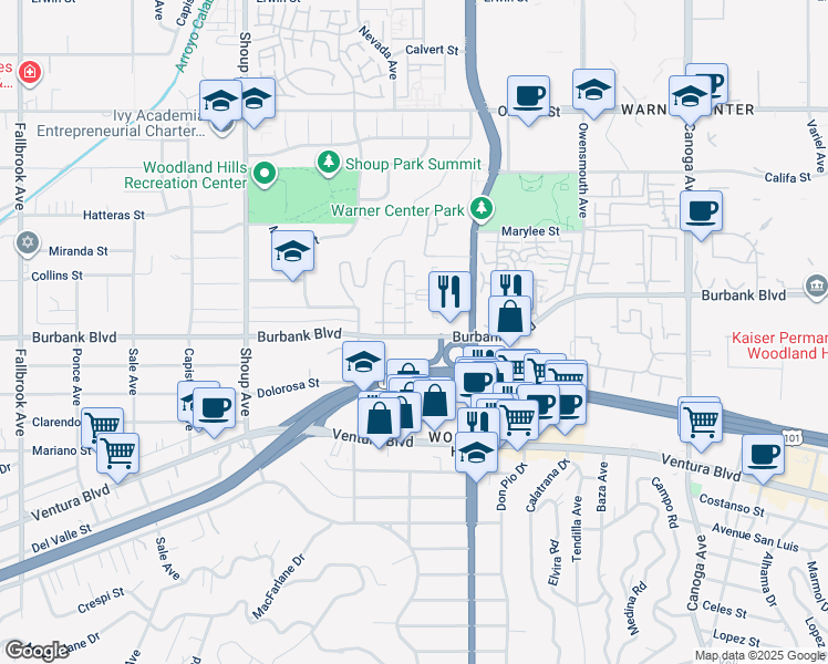 map of restaurants, bars, coffee shops, grocery stores, and more near 22100 Burbank Boulevard in Los Angeles