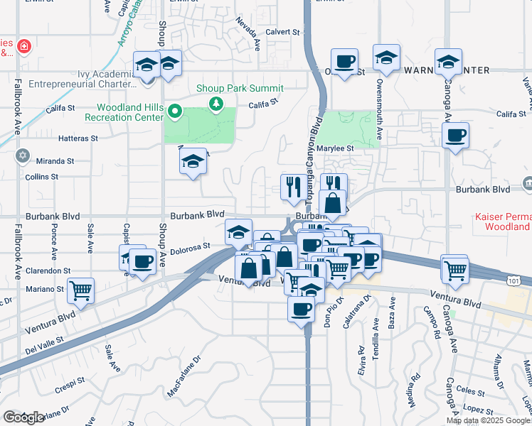 map of restaurants, bars, coffee shops, grocery stores, and more near 22100 Burbank Boulevard in Los Angeles