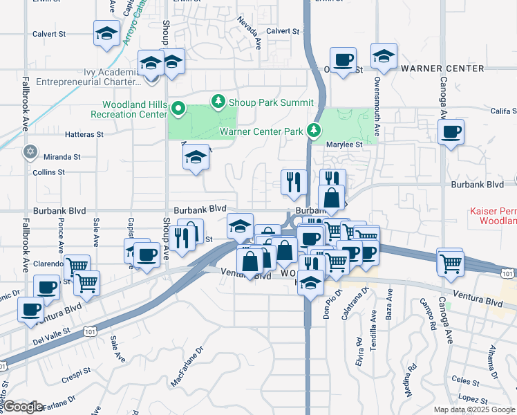 map of restaurants, bars, coffee shops, grocery stores, and more near 22100 Burbank Boulevard in Los Angeles