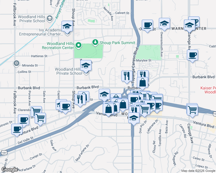 map of restaurants, bars, coffee shops, grocery stores, and more near 22100 Burbank Boulevard in Los Angeles