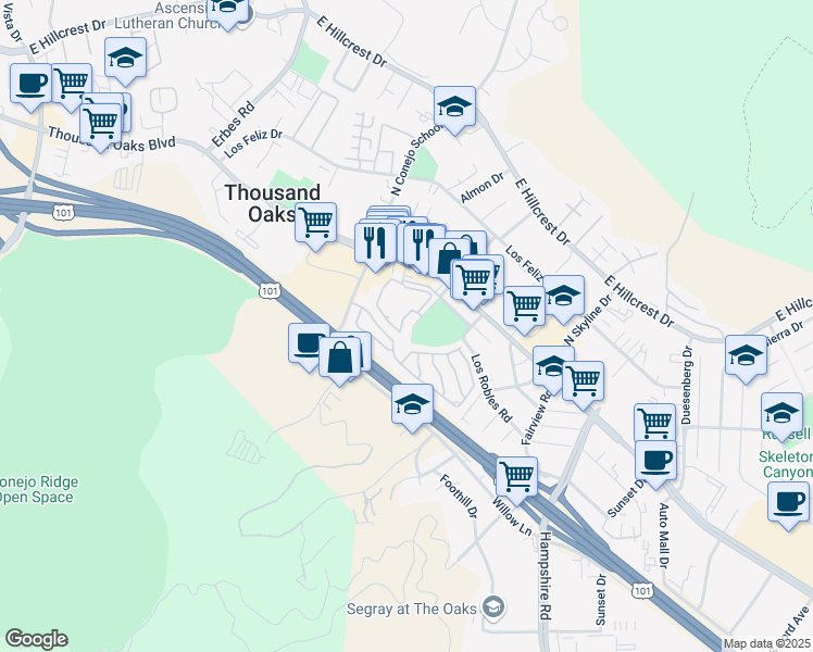 map of restaurants, bars, coffee shops, grocery stores, and more near 2471 Thunderbird Drive in Thousand Oaks