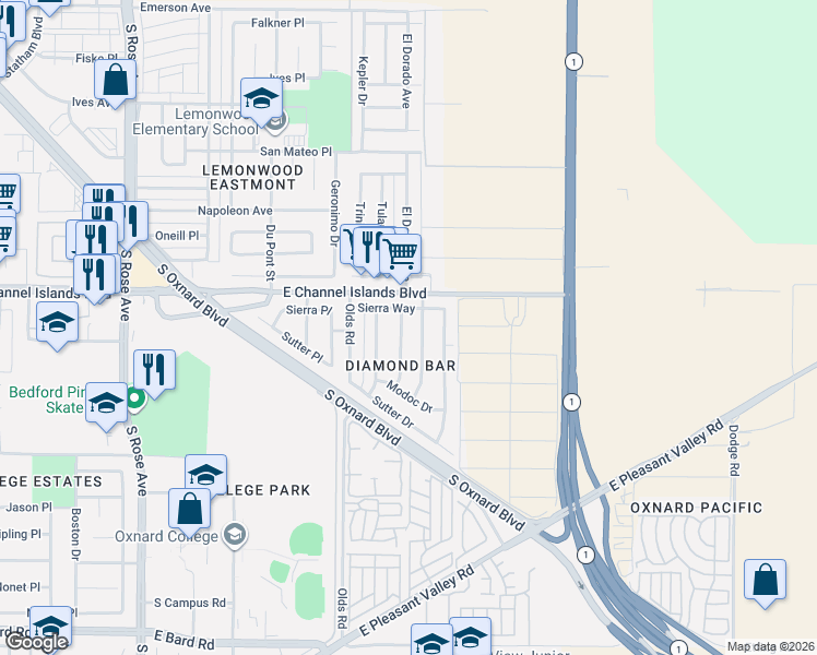 map of restaurants, bars, coffee shops, grocery stores, and more near in Oxnard