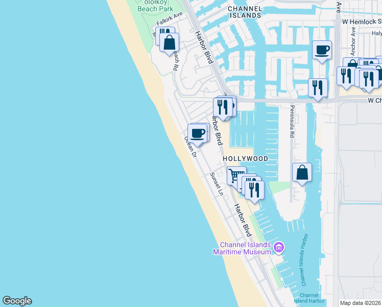 map of restaurants, bars, coffee shops, grocery stores, and more near 3945 Ocean Drive in Oxnard