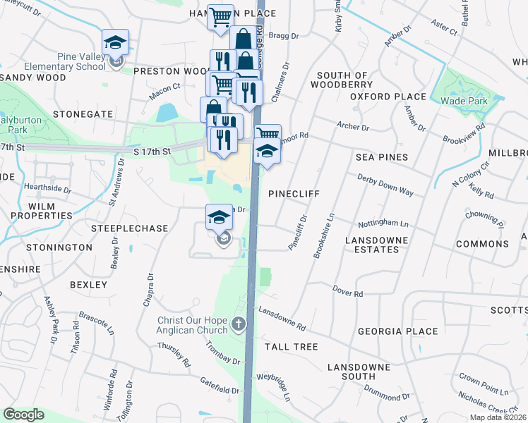 map of restaurants, bars, coffee shops, grocery stores, and more near 101 Oakcliff Dr in Wilmington