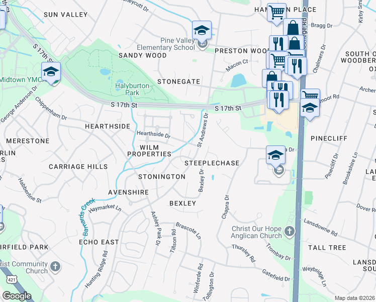 map of restaurants, bars, coffee shops, grocery stores, and more near 4248 Woodstock Drive in Wilmington
