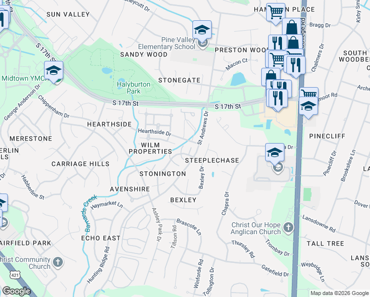map of restaurants, bars, coffee shops, grocery stores, and more near 4248 Woodstock Drive in Wilmington