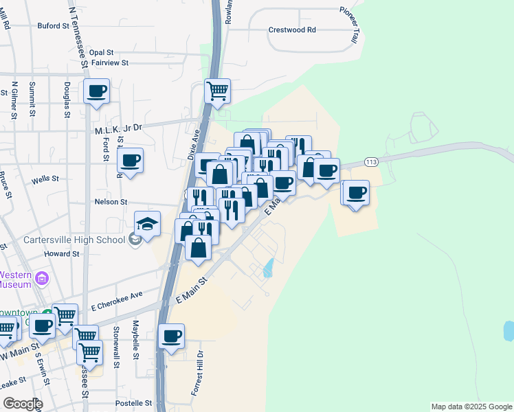 map of restaurants, bars, coffee shops, grocery stores, and more near 577-579 East Main Street in Cartersville