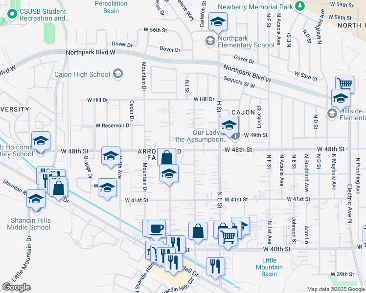 map of restaurants, bars, coffee shops, grocery stores, and more near 946 West 48th Street in San Bernardino