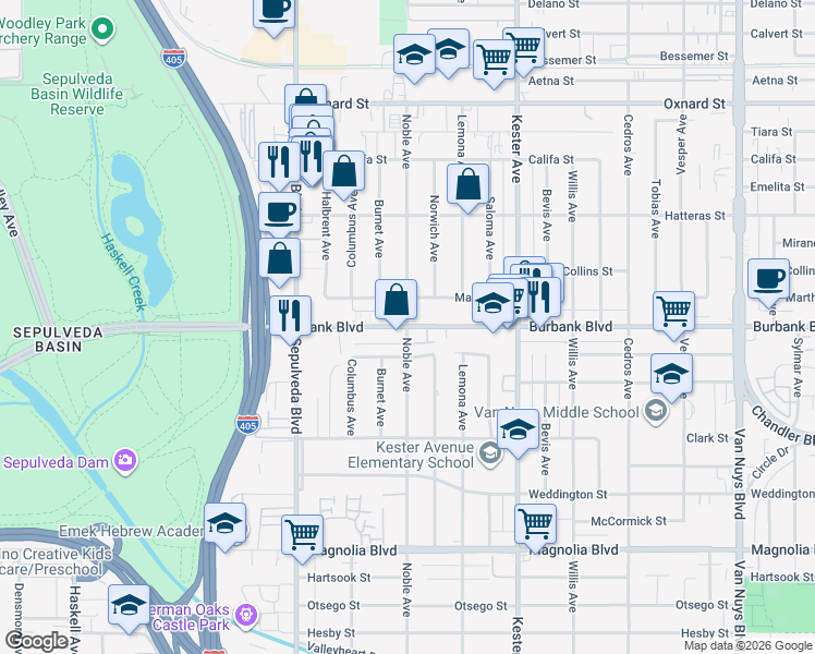 map of restaurants, bars, coffee shops, grocery stores, and more near Burbank Boulevard & Noble Avenue in Los Angeles