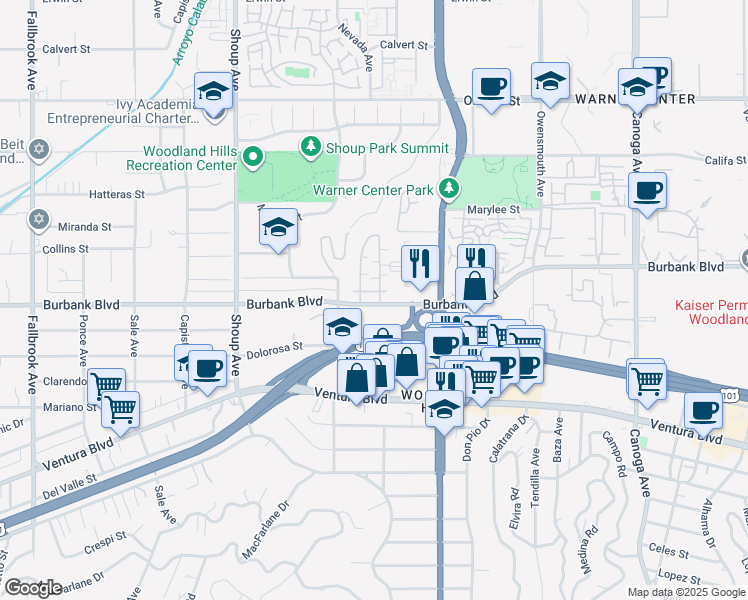 map of restaurants, bars, coffee shops, grocery stores, and more near 22100 Burbank Boulevard in Los Angeles