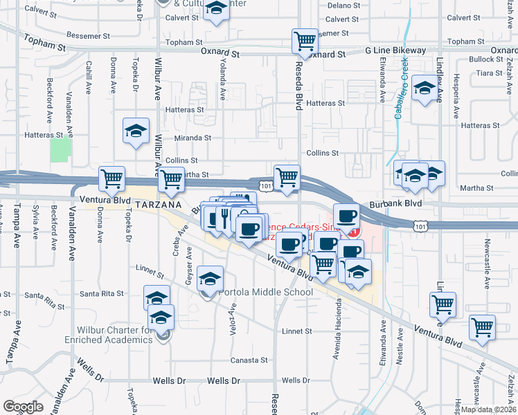 map of restaurants, bars, coffee shops, grocery stores, and more near 18600 Burbank Boulevard in Los Angeles