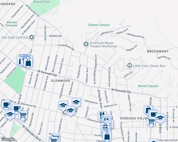 map of restaurants, bars, coffee shops, grocery stores, and more near 1558 Hillcrest Avenue in Glendale