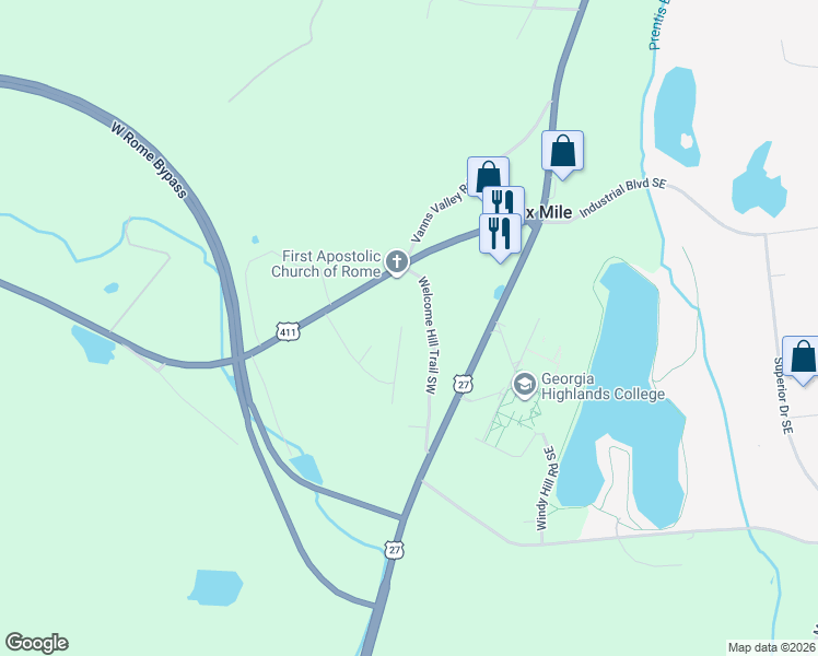 map of restaurants, bars, coffee shops, grocery stores, and more near 13 College View Drive Southwest in Rome