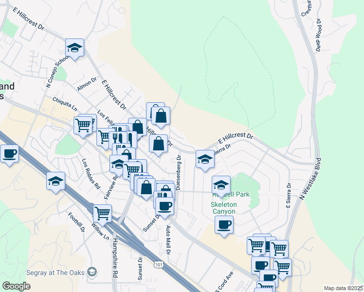 map of restaurants, bars, coffee shops, grocery stores, and more near 3109 East Hillcrest Drive in Westlake Village
